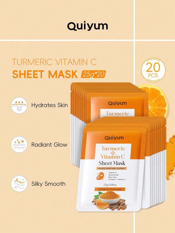 20 piezas Mascarilla facial de hoja de vitamina C y cúrcuma QUIYUM de blanqueamiento 25g, mascarilla facial hidratante y luminosa que mejora el tono general de la piel para mujeres, mamá, esposa, hermana, adolescente, novia para todo tipo de piel para viajes, campamento, senderismo, escalada, maquillaje al aire libre
