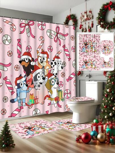 Bluey [1/3/4 Stücke Weihnachts-Bluey Familie und Freunde Feiertags-Muster bedruckter Duschvorhang Set, modernes Design geeignet für alle Jahreszeiten, wasserdichter Polyester mit Haken und Futter, Flanell-Material mit weicher Oberfläche, saugfähige rutschfeste Badematte, Badezimmer-Set beinhaltet U-förmige Matte, Toilettenmatte, rutschfeste Badematte und Badezimmer-Accessoires, Heimdekoration, Feiertags-Dekoration, Weihnachtsgeschenk, Alltagsdekoration, Geschenk]