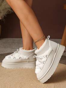 1 Pair Plus Size 36-42 Faux Fur Lined Warm Animal Quilted Punk Metal Eyelet Lace-Up Thick Sole Snow Boots, Outdoor/Holiday, Winter