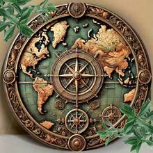 1pc 7.87 X 7.87 Inch Metal World Map & Compass Circular Wall Decor - Vintage Nautical Style Wall Art, Coated Engraved Metal Tin Plaque Suitable For Home, Office, Bedroom, Living Room, Cafe, Random Style,Home Decor ,Room Decor,Wall Decor Gifts Birthday Graduation - 彩色 - 查看 5