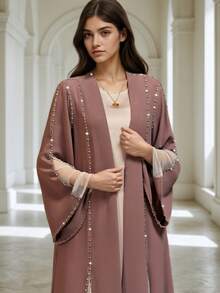 BEAUTY AMINAH 4078 Áo khoác cardigan dài hở trước đính hạt màu nâu + tay áo mỏng, áo khoác ngoài xếp nếp - Màu nâu - Xem 5