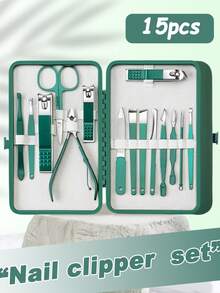 4-26pcs Stainless Steel Nail Clipper Set, Professional Multi-Function Nail Care Tools Nail Clipper Eyebrow Scissors, Manicure Tools, With PU Leather Travel Storage Box - Green - View 14