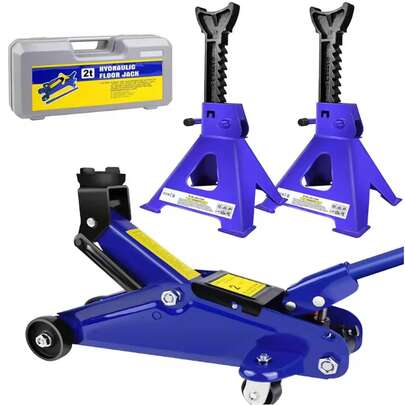 Rigogo 2 Ton Low Profile Hydraulic Floor Jack & 3 Ton Axle Stand Combo Set With Tire Repair Kit, Steel Racing Quick Lift For Car Maintenance