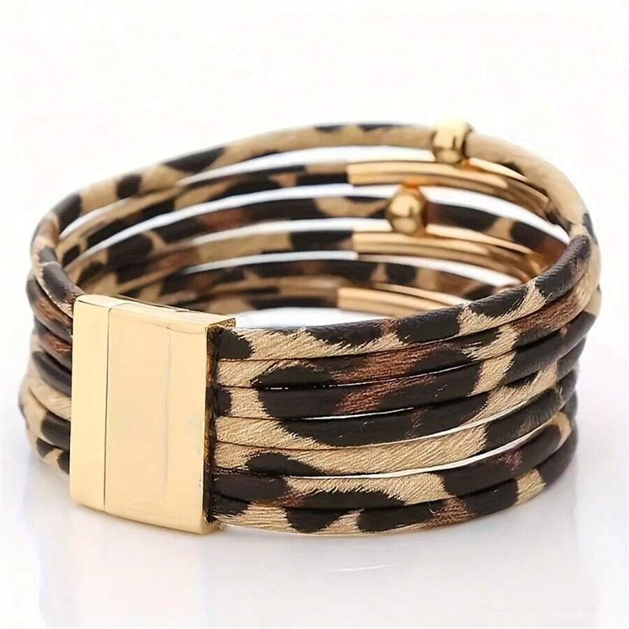 Lady's Fashionable Leopard Print PU Leather Bracelet With Plating - Perfect Gift For Breast Cancer Awareness Day Or Any Party! - Gold - View 1