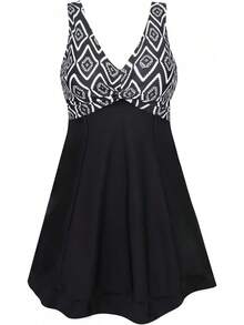 Plus Size Printed Padded High Waist Swimdress For Women - Leopard-monochrome - View 2