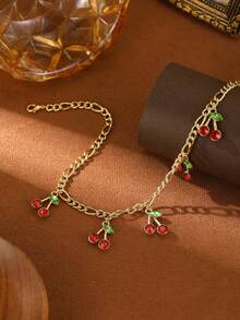 1pc Women's Fashion Jewelry, Vintage Style 18K Gold-Plated Cherry Pendant Necklace, Suitable For Vacation & Fashion, Cute Daily Accessory, Luxurious & Playful, Velvet Bag Included