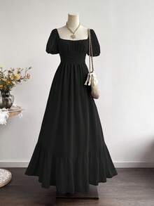 Rusttydustty 女士优雅休闲收腰黑色雪纺长袖荷叶边连衣裙，适合新年、情人节等场合 - 黑色 - 查看 6