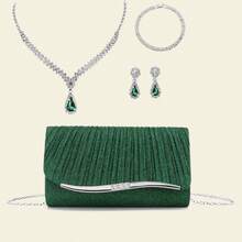 优雅水钻项链耳环手链首饰套装适用于婚礼新娘褶皱时尚女士晚装包金属链单肩手拿包信封设计手提包绿色圣诞节快乐手提包钱包用于礼物礼服舞会 - 綠色 - 查看 11