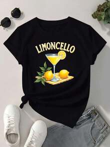 Camiseta con estampado de cóctel Limoncello ,Camiseta informal de algodón de verano para mujer, manga corta, cuello redondo, 220 g/m2 (1 pieza) - Negro - Ver 2