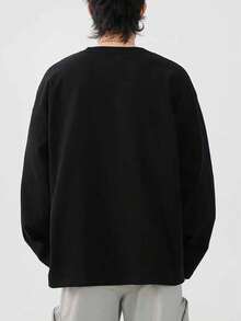 Men's Casual Fun Pattern Print - Street Loose Size High Quality Fashion Round Neck T-Shirt, Long Sleeve, Regular Version, Slightly Elastic, Suitable For Daily Wear And Weekend Activities Top - Black - View 3