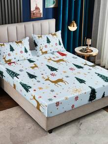 3pcs Polyester Digital Printing Christmas-Themed Bed Sheet Three Pieces Set With Blue Base, Christmas Tree & Cute Reindeer Patterns (1 Fitted Sheet + 2 Pillowcases, No Filling Included), Perfect For Room Decoration, Christmas Home Decor, And A Lovely Christmas Gift,Christmas Bedding
