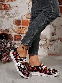 Round Toe Contrast Color Slip-On Halloween Ghost Pumpkin Bat Funny Element Fashion Versatile Lightweight Party Women Cartoon Canvas Shoes - Multicolor - View 8