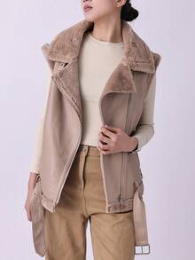 Giolshon Damen Ärmellose Weste, modische lässige Reißverschlussjacke - minimalistische Herbst Kunstlederjacke - Kamelfarben - Übersicht 7