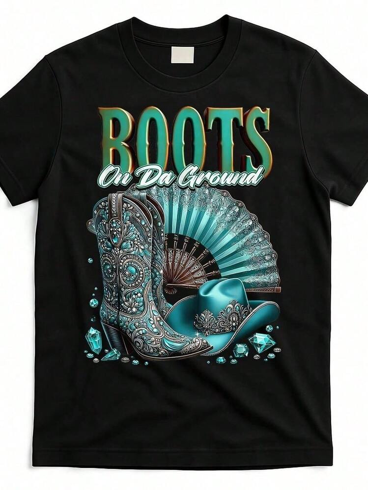 Botas de tierra patrón occidental - Camisa de vaquera, botas de vaquero y diseño turquesa, ropa casual unisex de algodón puro cómoda para exteriores, camisa holgada lavable esencial para todo el año, camisetas/-camisa góticas de gran tamaño - Negro - Añade 1