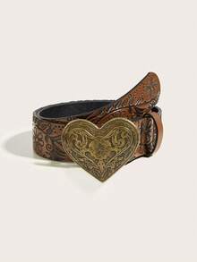 1pc Women's Retro Alloy Buckle Printed PU Leather Belt, Suitable For Western Cowboy Style