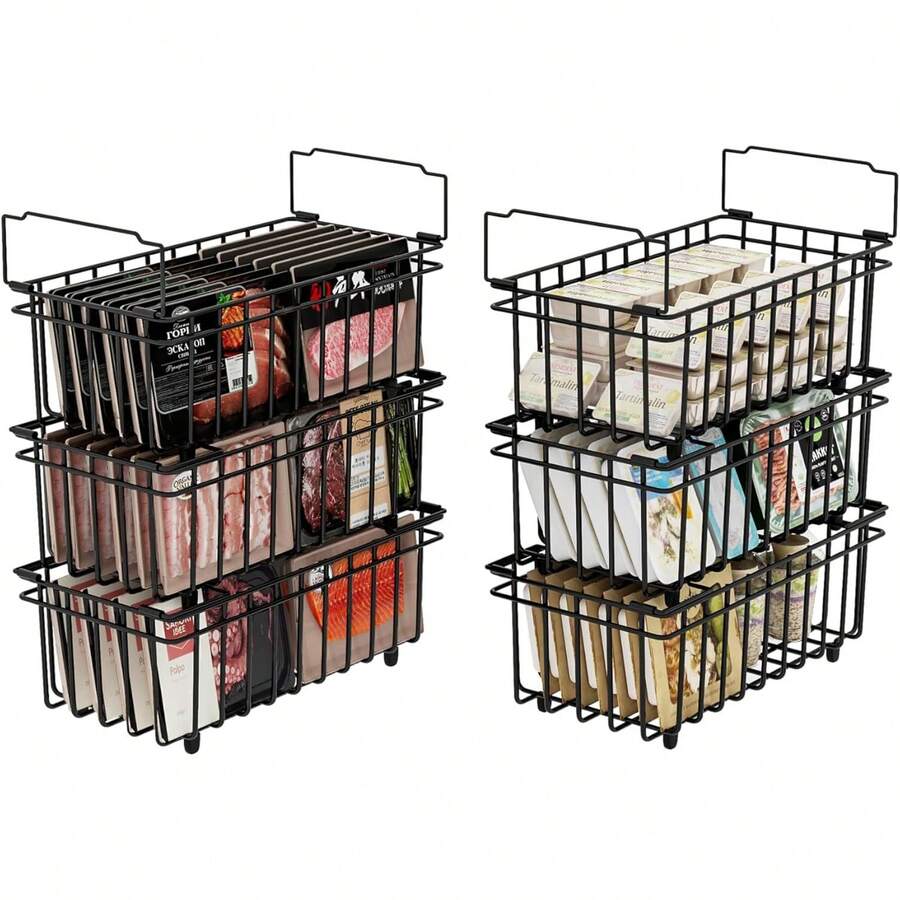 6 Pack Chest Freezer Baskets Organiser - Stackable Kitchen Storage Boxes For 198L Deep With Handle, Pantry Shelf Open Wire Bins Frozen Goods Sort, Durable Metal Black - Black-6 Pack - View 1
