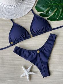 Triangle Bikini With Removable Padded Cups And Double String Glider Panties - Navy Blue - View 1