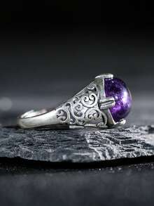 1pc 10*12mm Natural Amethyst Ring 925 Sterling Silver Vintage Gorgerous Gems Men Women's Ring Adjustable Open Bands Jewelry Birthstone Gift