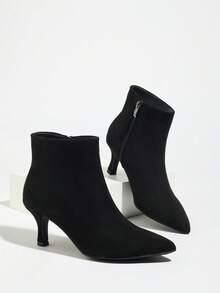 2025 Kitten Heel Suede Pointed Toe Side Zipper Short Boots, Fall, Winter, Autumn, Fashion For Women,Elegant - Black - View 7