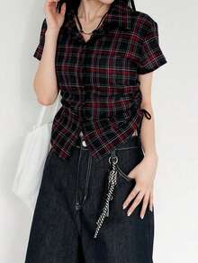 Women's Summer Design Plaid Versatile Casual Shirt Black - Black - View 3