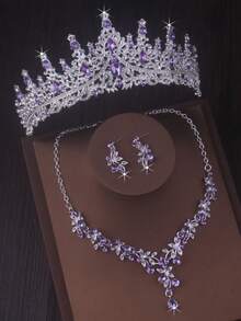 Bridal Jewelry Set - High-End Purple Crown Headpiece, Pendant Necklace, Earrings, Elegant Bridal Wedding Dress Accessories