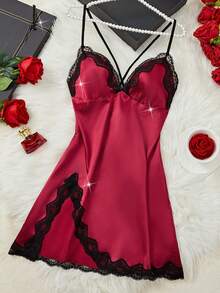 Valentine's Day Gift Women's Solid Color Sexy Lingerie Nightgown - Lace Trimmed Back Crossover Design, High Slit V-Neck Sleep Dress Pajamas Set