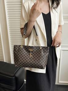 Bolso de mano de gran capacidad de moda 2024 para mujer, bolso de hombro de cadena vintage con estampado, adecuado para ir al trabajo - Café integral - Ver 7