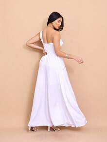 Helena Long Dress Luxury Plain Duna Linen With Slit Flowers One Shoulder - 白色 - 查看 3