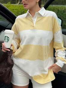 Women's Autumn Fashion New Pale Yellow Spliced White Stripe Thin Sweatshirt, Fashion Casual College Style Simple Street Daily Multi-Color Clashing Stripes Splicing Lapel Button Design Long Sleeve Loose Pullover Sweatshirt - Yellow - View 3