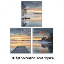 2D Flat Decoration 3pcs 8x10inch Framless Home Decoration Paintings, " Sunrise Pier On Misty Lake " Modern Style Art Print Poster Painting , Suitable For Living Room, Bedroom, Home Office