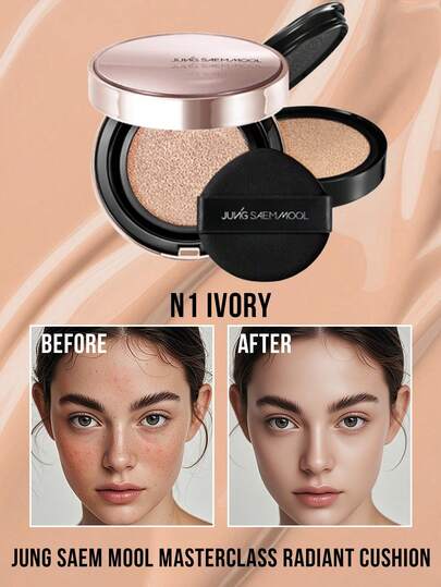  JUNG SAEM MOOL Masterclass Radiant Cushion N1 IVORY,Air Cushion With Replacement Core, Shiny And Moist,Moisturizing And Luminous, Long-Lasting Concealment, Lightweight And Breathable, Easy To Touch Up, Micronized Powder Technology, Maintain Skin Radiance,For All Skin Types, Sensitive Skin Friendly, Daily Wear & Special Occasions