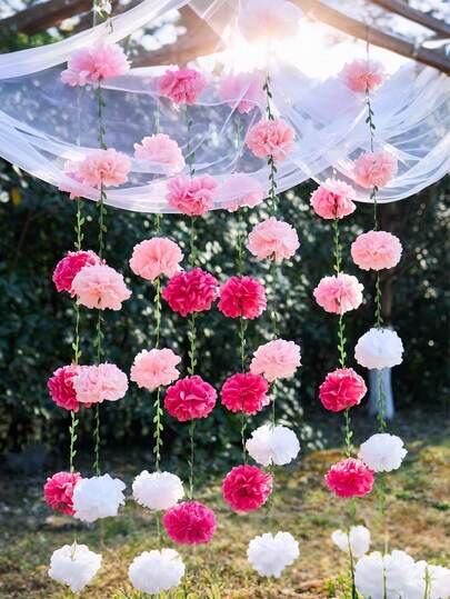 12pcs Gradient Pink Tissue Paper Pom Pom Garlands, Hanging Streamers DIY 4m Artificial Vine Leaves With Paper Flowers For Birthday Decorations, Baby Shower, Wedding Engagement, Bridal Shower, Party Decorations