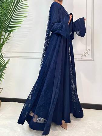 2 pièces Ensemble robe abaya avec cardigan en dentelle de couleur unie, style élégant européen et moyen-oriental, robe à manches longues avec ceinture