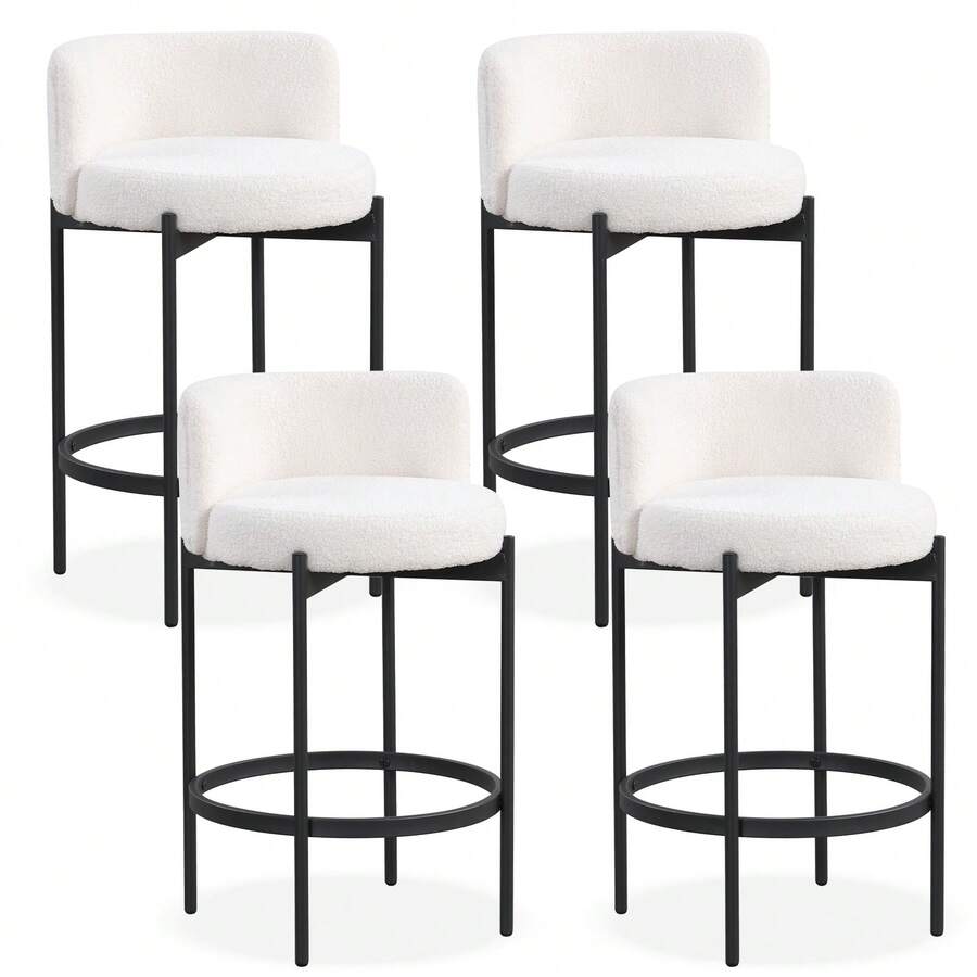Boucle Counter Stools Set Of 4 W/Curved Backrest Metal Frame Comfy Footrest - 米色和黑色 - 查看 1
