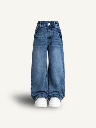 年轻女孩简约浅色阔腿松紧腰宽松牛仔裤，适合所有季节