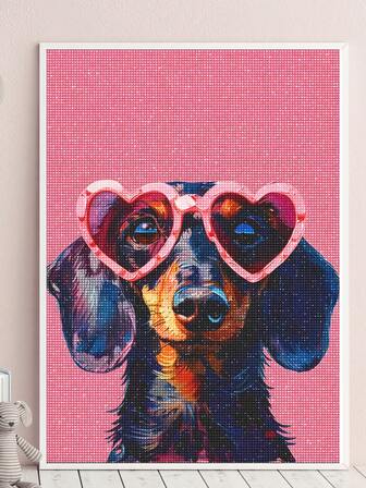 | 5D DIY Diamond Painting | Pink Realistic Diamond Painting Kits. HD Art Diamond With A Dog Wearing Heart-Shaped Glasses, Handmade Decorative Painting, Rhinestones Full Mosaic Crafts Kit, Exercises For DIY Skills And Concentration.