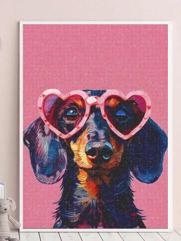 | 5D DIY Diamond Painting | Pink Realistic Diamond Painting Kits. HD Art Diamond With A Dog Wearing Heart-Shaped Glasses, Handmade Decorative Painting, Rhinestones Full Mosaic Crafts Kit, Exercises For DIY Skills And Concentration.