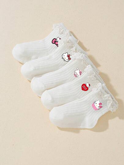 5 Pairs Kids/Girls' Solid Color Sports Socks With Ruffle Trim, Heart & Bow Decor, Fashion Soft Breathable Moisture-Wicking Athletic Socks, Versatile Lace Trim Socks Suitable For Students Daily Wear, Holidays Gift, Outdoor Travel, Back To School, Campus, Sports, New Semester, School Season