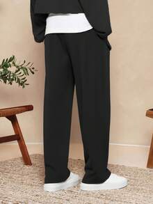 Men's Fleece Pants, Straight Leg, Side Slant Pockets, Casual & Versatile Style Suitable For Daily Commute, Autumn/Winter - Black - View 3