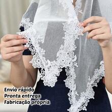 Véu Ccb Congregação Cristã Aplique Floral 3D Pedras Strass Adulto Redondo de Bico(Tiffani) - Branco - Visão 3