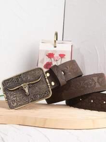 新款时尚西部风牛头大扣个性化真皮腰带，情人节、秋季、万圣节秋冬配饰，适合青少年、青年、男士，休闲、户外、运动、度假、毕业礼物、生日、日常佩戴 - 卡其色 - 查看 9