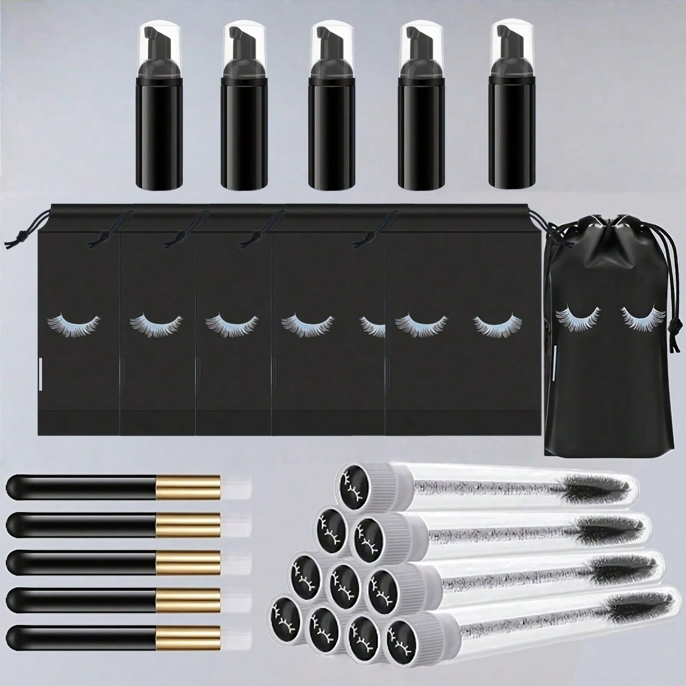 20Pcs Lash Shampoo Bottle Brushes Set, 5pcs Foam Pump Dispenser, 5pcs Nose Pore Deep Cleaning Brush, 5pcs Eyelash Extension Tube Brush, 5Pcs Lash Aftercare Bag For Women, Girls