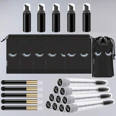20Pcs Lash Shampoo Bottle Brushes Set, 5pcs Foam Pump Dispenser, 5pcs Nose Pore Deep Cleaning Brush, 5pcs Eyelash Extension Tube Brush, 5Pcs Lash Aftercare Bag For Women, Girls