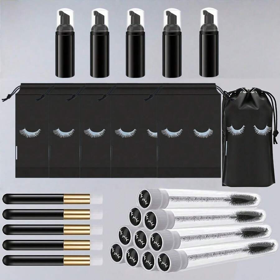 20Pcs Lash Shampoo Bottle Brushes Set, 5pcs Foam Pump Dispenser, 5pcs Nose Pore Deep Cleaning Brush, 5pcs Eyelash Extension Tube Brush, 5Pcs Lash Aftercare Bag For Women, Girls - Multicolor - View 1