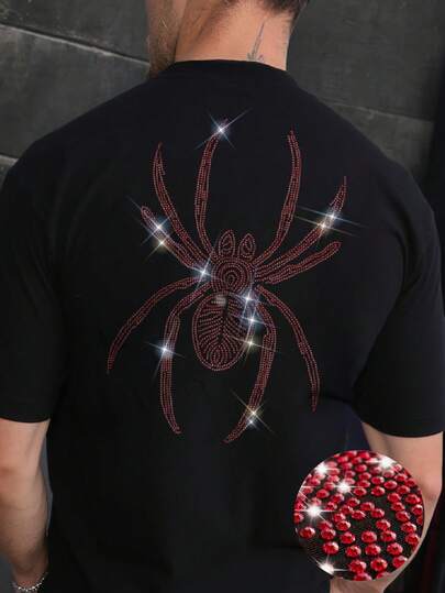 Camiseta de manga corta de cuello redondo casual y versátil para hombres con patrón de araña de rhinestone, para verano