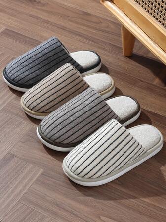 Men's Striped Fabric Lined Slip-On Slippers, Women's Solid Color Versatile Warm Soft Bottom Fluffy Slip-On Slippers For Outdoor Wear In Winter