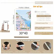 1pc, Canvas Framed Wall Art, Positano Coast Artwork, Pink Villa Decorative Painting, Mediterranean Style Decor, Italian Coastal Scenery, Folk Art Style, Spring Wall Art, Fashionable Home Decor, Room Decor, Bedroom Decor, Dormitory Decor, Living Room Decor