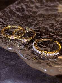 Nooxian 3pcs/Set Fashionable Cubic Zirconia Heart & Faux Pearl Decor Cuff Ring For Women For Daily Decoration Valentines