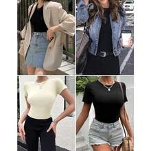 NEW-Womens Basic Tee Shirts 3 Pack Short Sleeve Crew Neck Thermal Underwear Tops Base Layer - 3pcsBlackChestnutBrownBeige - View 5