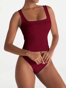 XLLAIS 女士纯色方领无袖背心，修身休闲装，节日及情人节 - 梅子紅 - 查看 5